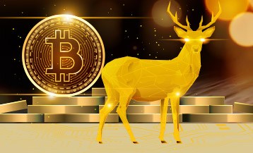 golden deer in front of huge bitcoin coins pile