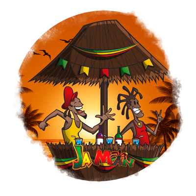 Rastas dancing under a tiki lounge