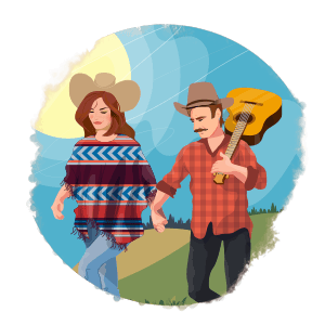 Cowoy and cowgirl walking holding hands