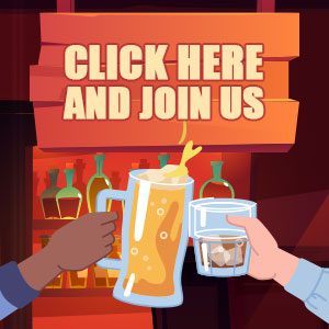 wooden sign with "click here and join us" in the back and drinks being toasted in front