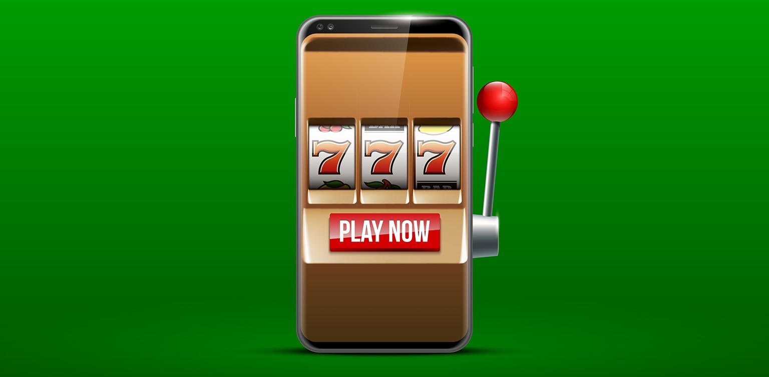 An illustration of a smartphone displaying a slot barrel with triple 7s and the words ‘Play Now’ on a green background