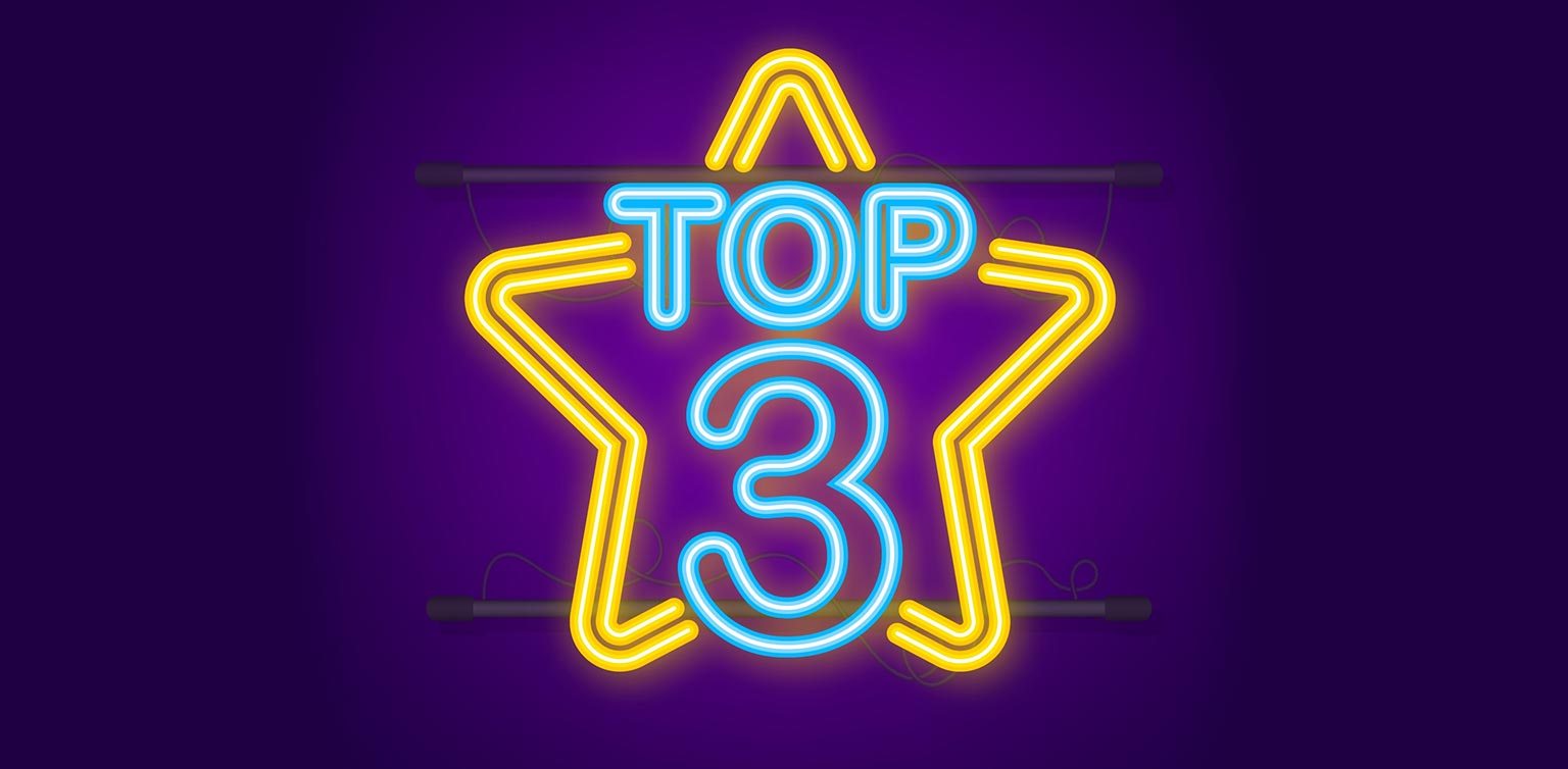 An illustration of a yellow neon light star with the words TOP 3 in neon blue light its center on a purple background