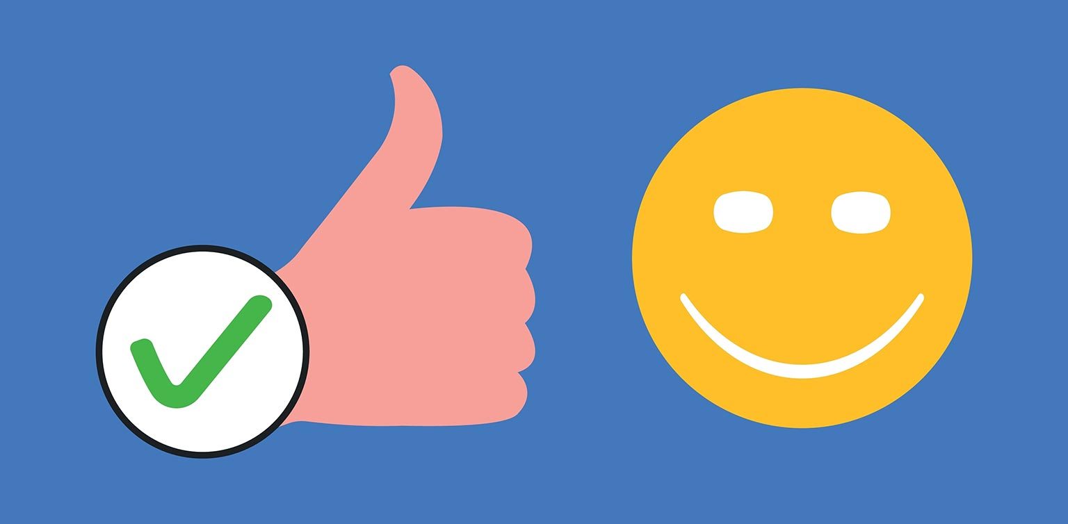 An illustration of a green tick, thumbs up and smiley face emoji on a blue background
