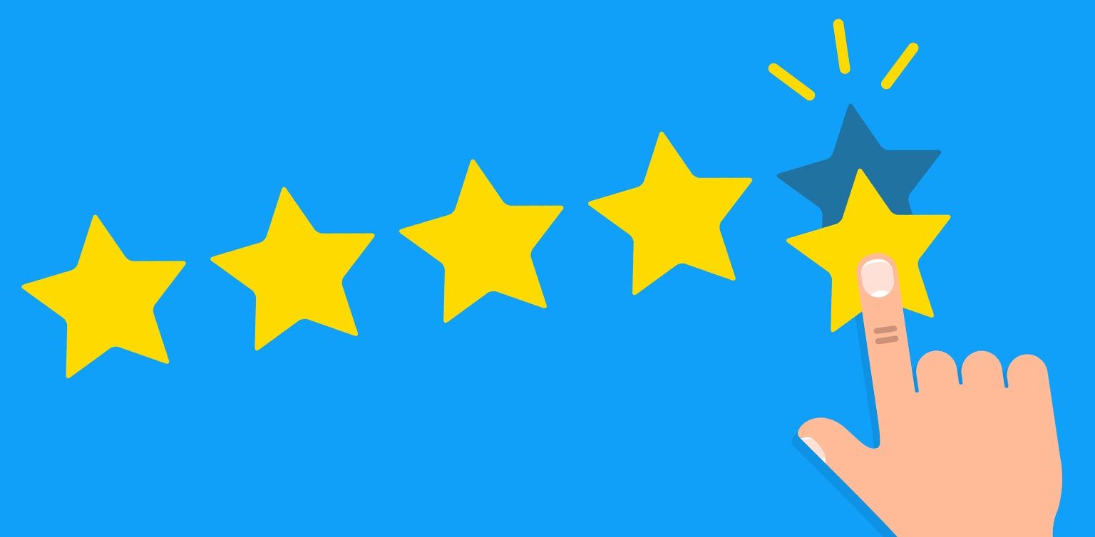 A 2D illustration of a man’s hand awarding the last of five gold stars on a blue background