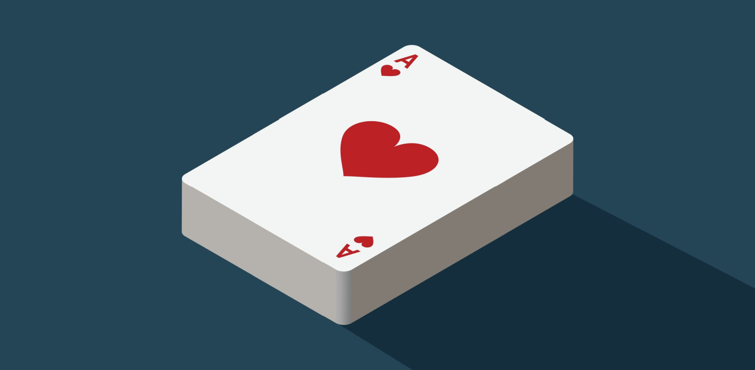 A single deck of playing cards with the top card being an Ace of hearts on a blue background