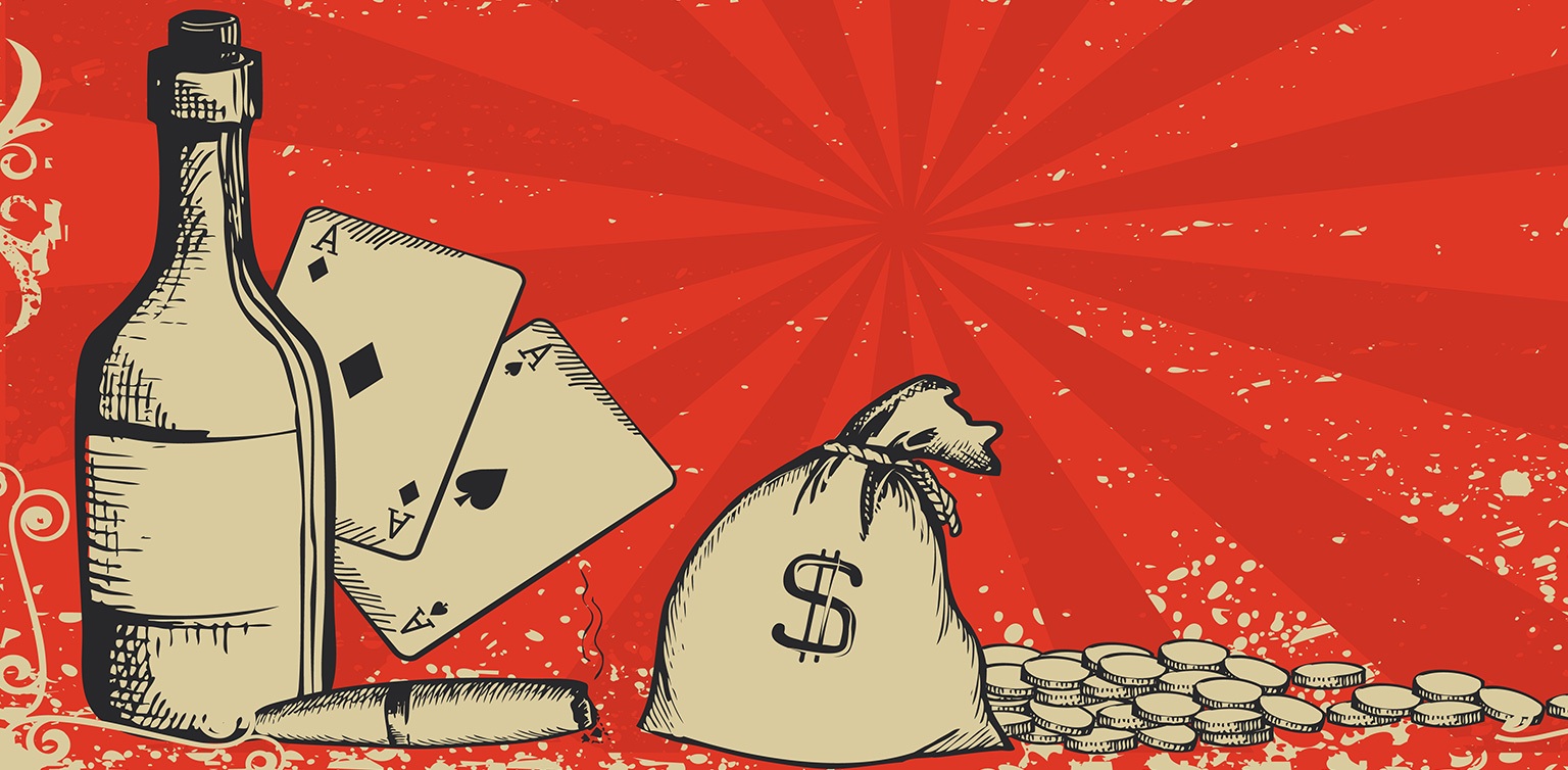 An vintage style illustration in cream and red with two aces, a bottle of alcohol, a cigar, a bag with a dollar sign and coins
