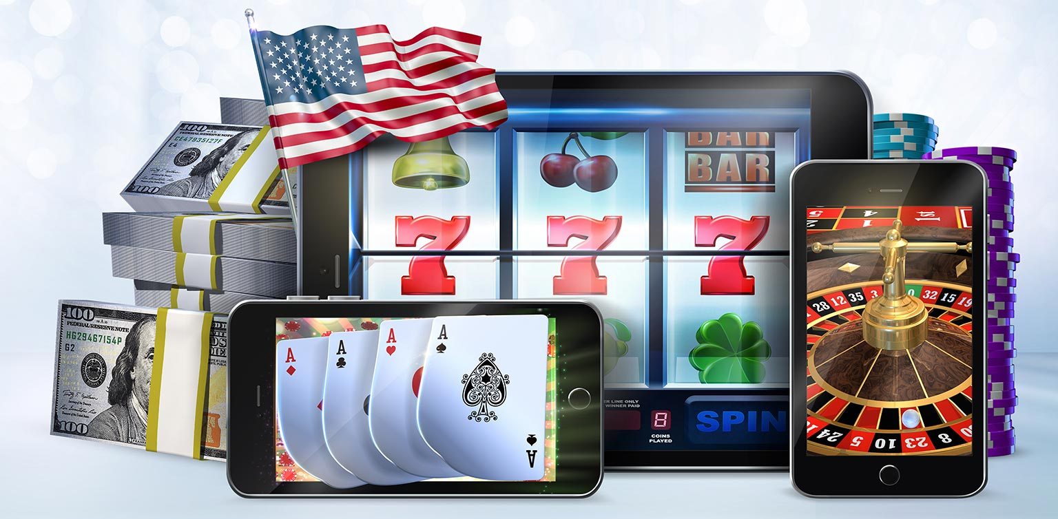 A casino concept illustration of mobile devices displaying various games and a US flag with cash and coins on a blue background