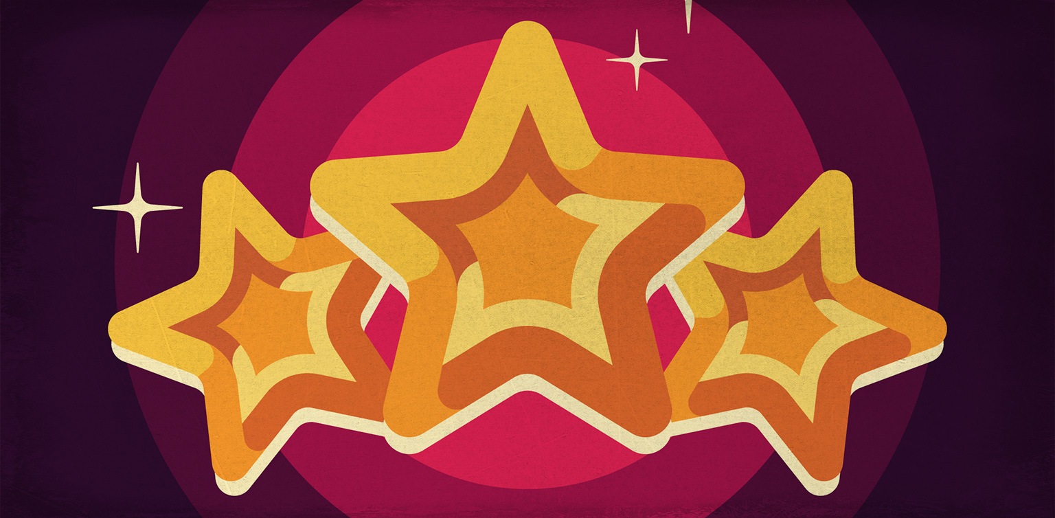 An illustration of three gold stars on a pink and dark purplish background