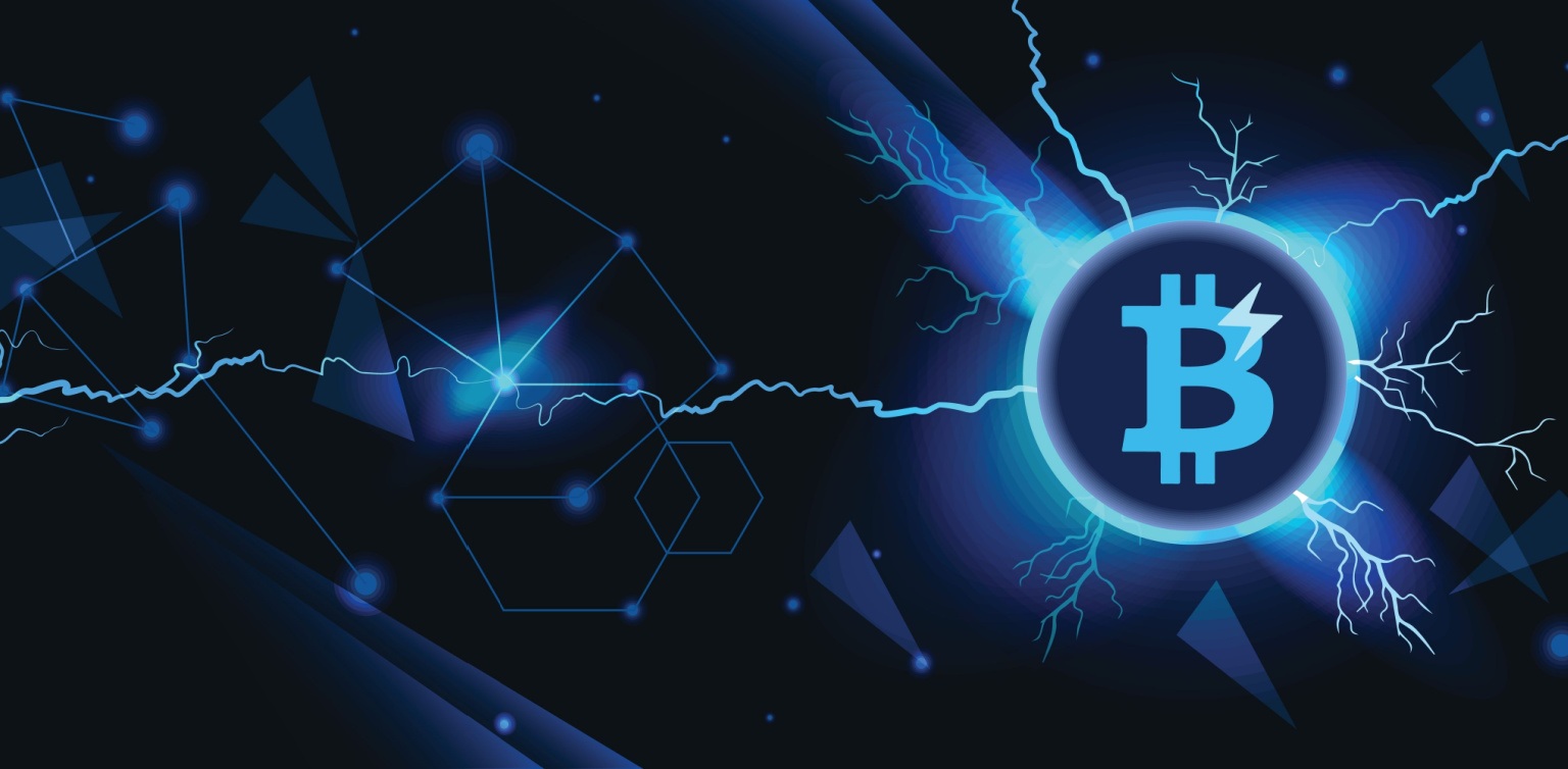 A Bitcoin Lightning network concept illustration with a Bitcoin and lightning bolts in hues of dark blue