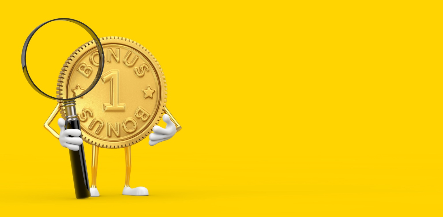 A golden bonus coin with arms and legs holding a magnifying glass on a yellow background