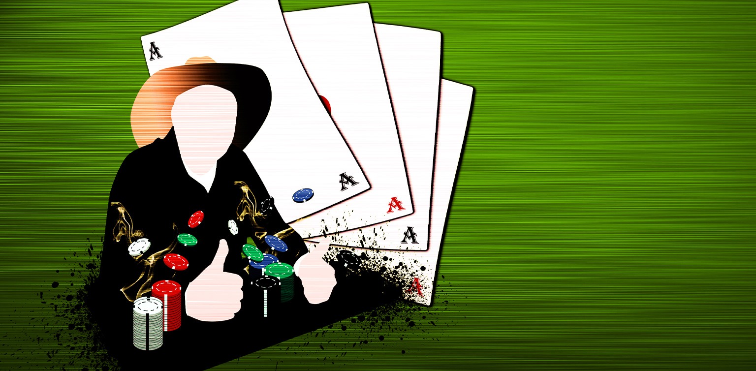 An illustration of a faceless cowboy backed by Ace cards with his thumbs up on a table with casino chips on a green background