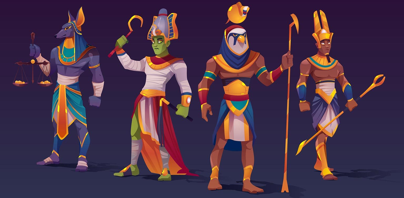 A 3D cartoon illustration of Egyptian gods Osiris, Amon, Ra and Anubis on a blue background