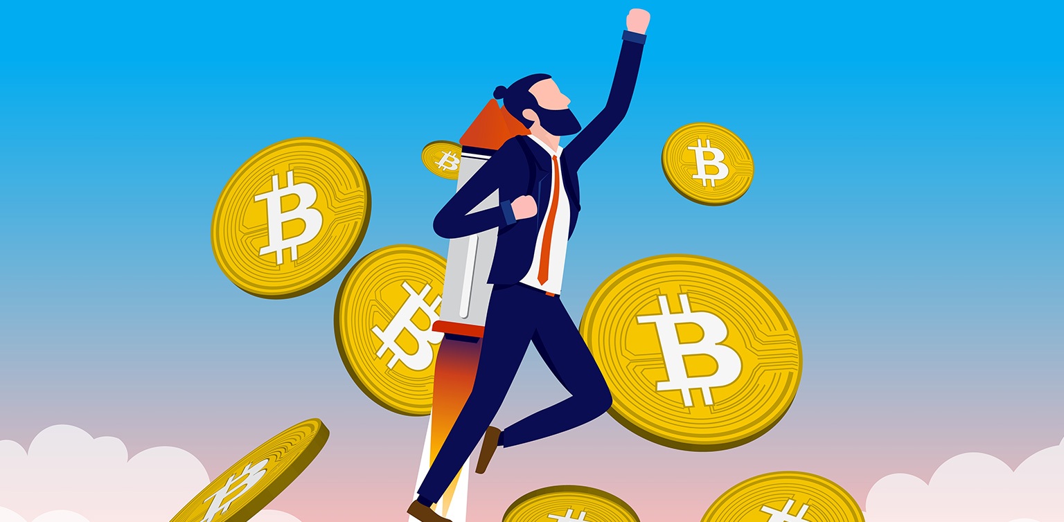A 2D illudstration of a bearded man in a suit rocketing through a sky filled with Bitcoin on an orange background