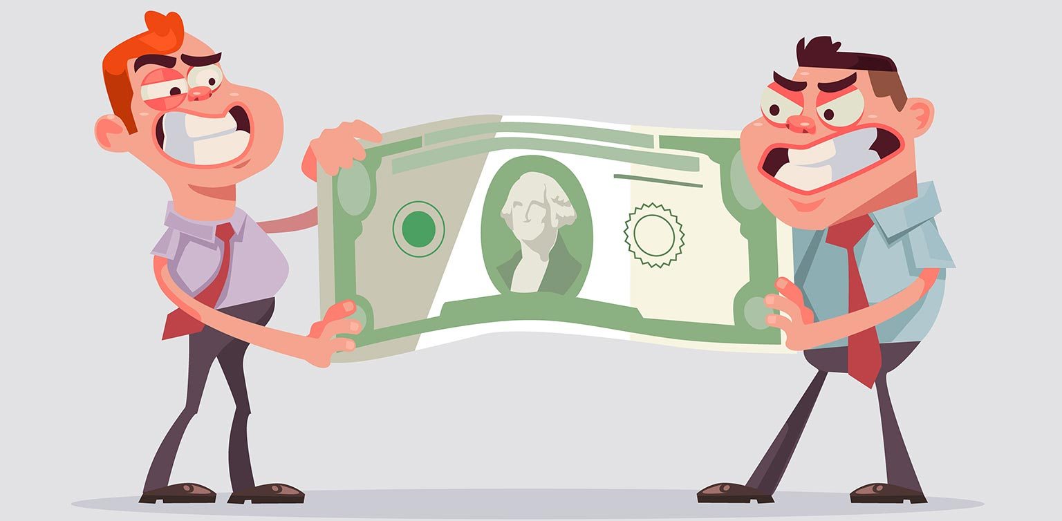 An illustration of two angry guys tugging on either side of an extra-large $5 dollar bill isolated on a light grey background