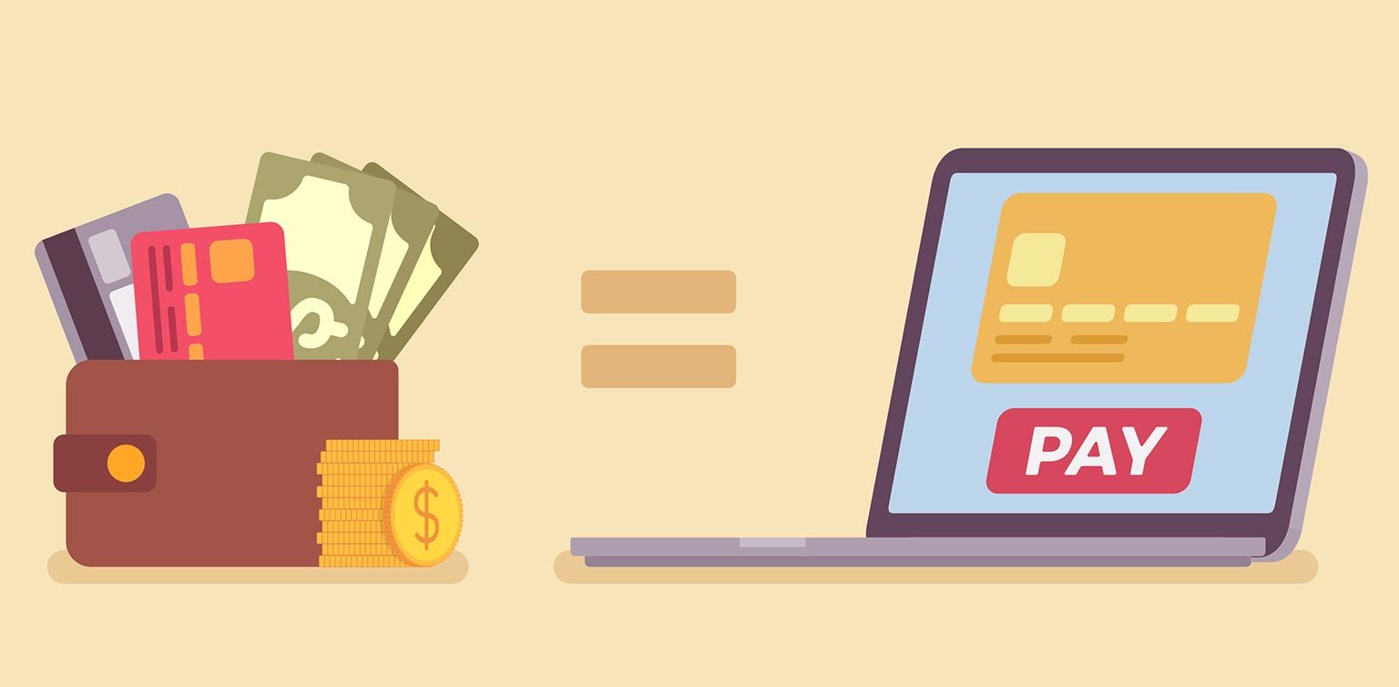 A 2D illustration of a wallet with credit cards, bank notes and coins and a laptop with ‘Pay’ onscreen on an orange background