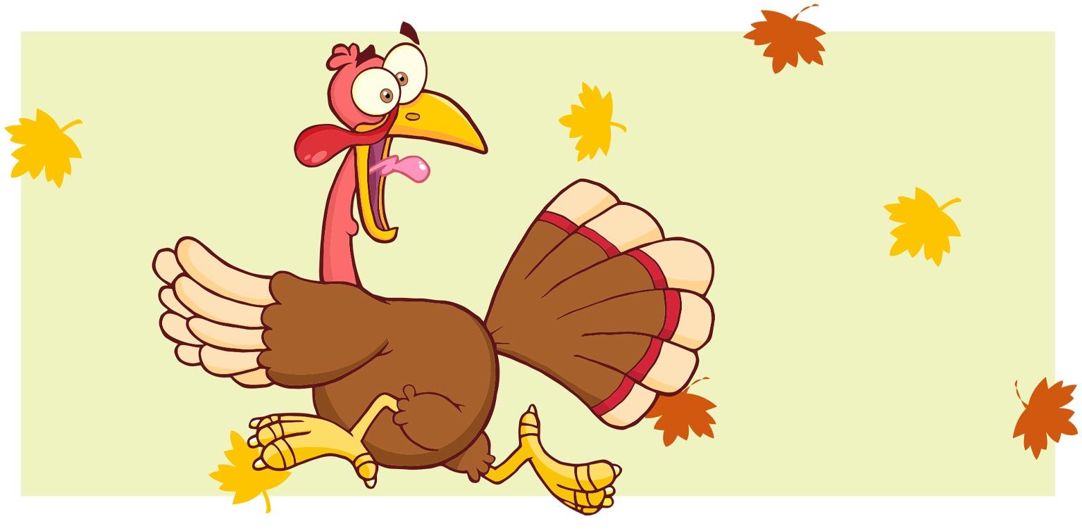 An illustration of a cartoon-style goggle-eyed turkey running for its life isolated on a yellow background