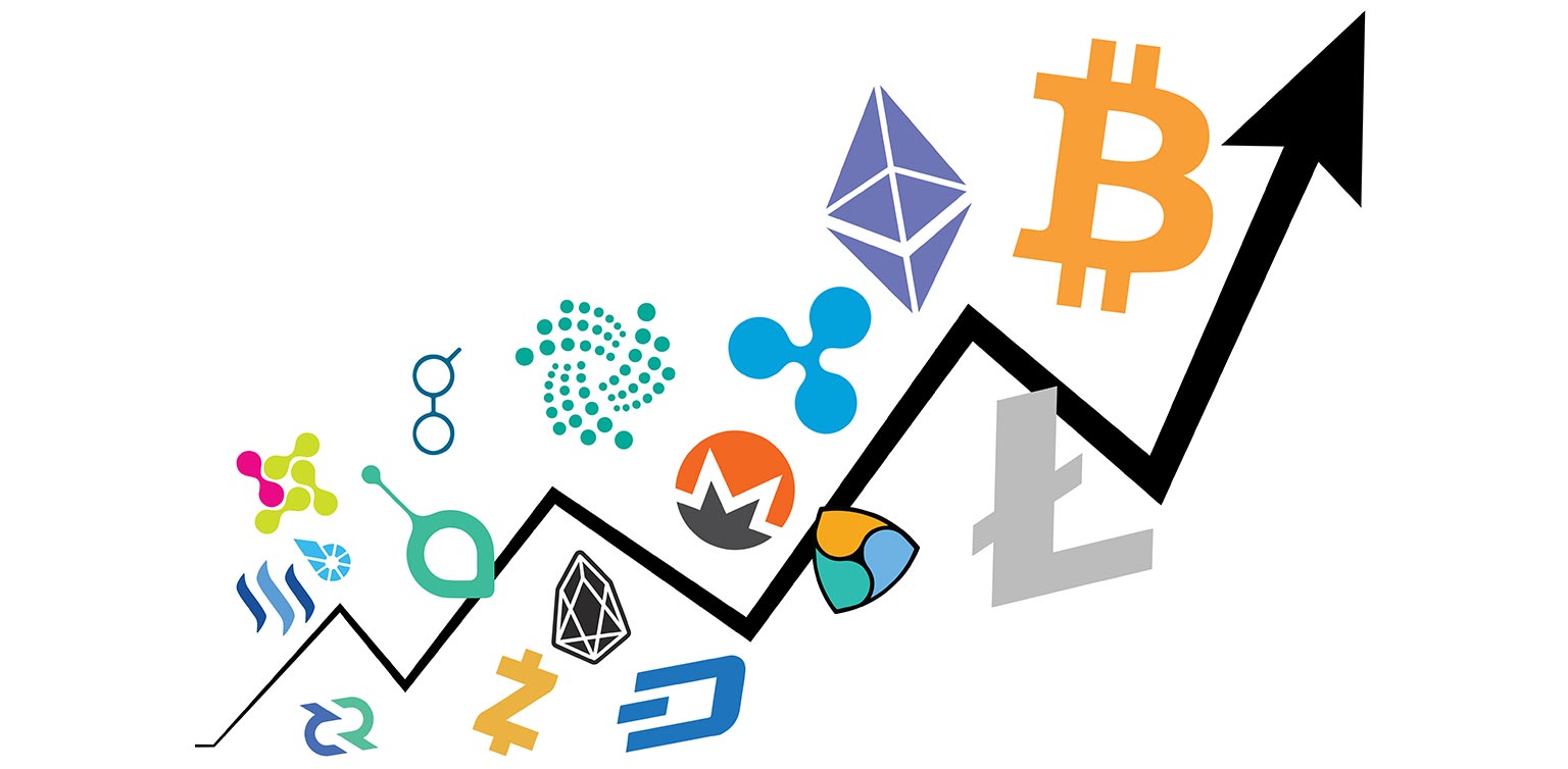 An illustration of an upward moving black arrow surrounded by cryptocurrency logos, with BTC at the front