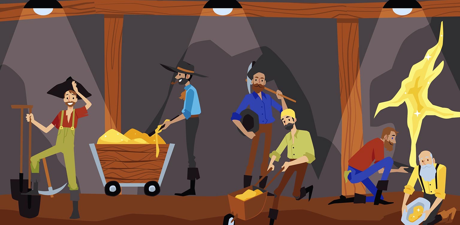 A cartoon illustration of bearded men mining for gold