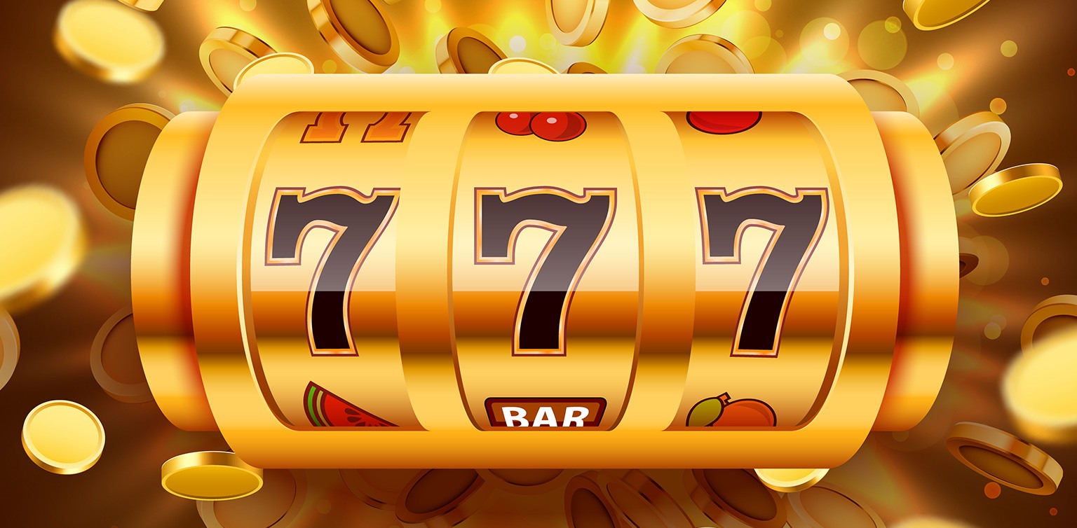 An illustration of a three-reel slot barrel in gold with triple 7 on it and gold coins surrounding it on a gold background