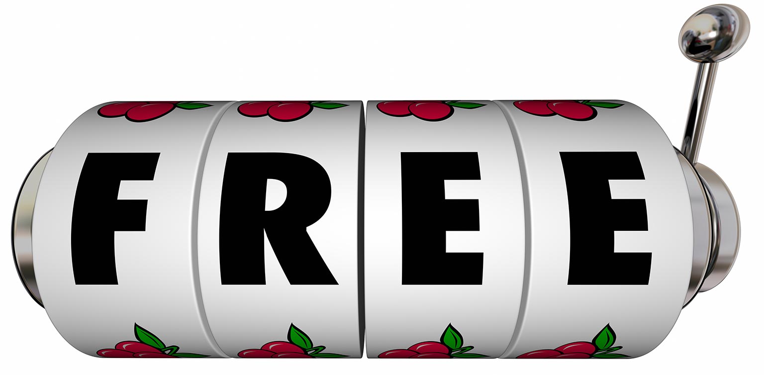 An illustration of a 4 reel slot barrel with a lever, the word “FREE” across the reels, and cherry symbols on a white background