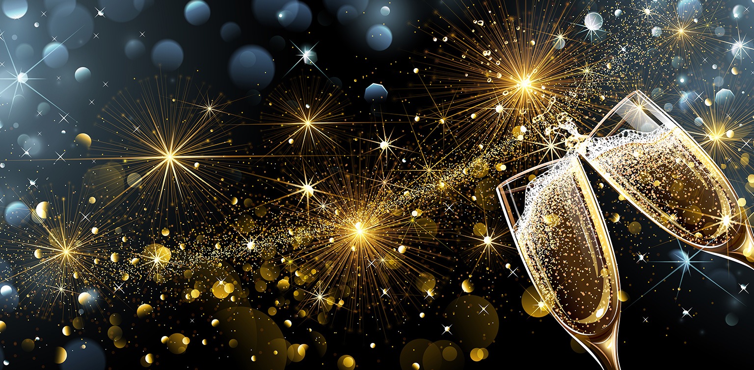 An illustration of 2 champagne flutes on a sparkling black and gold background clinking together in a toast