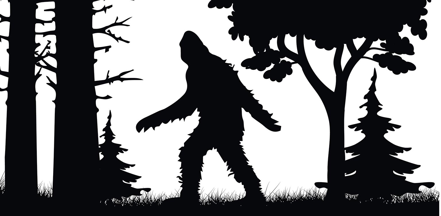 An illustration of a black and white stencil design with bigfoot in a forest