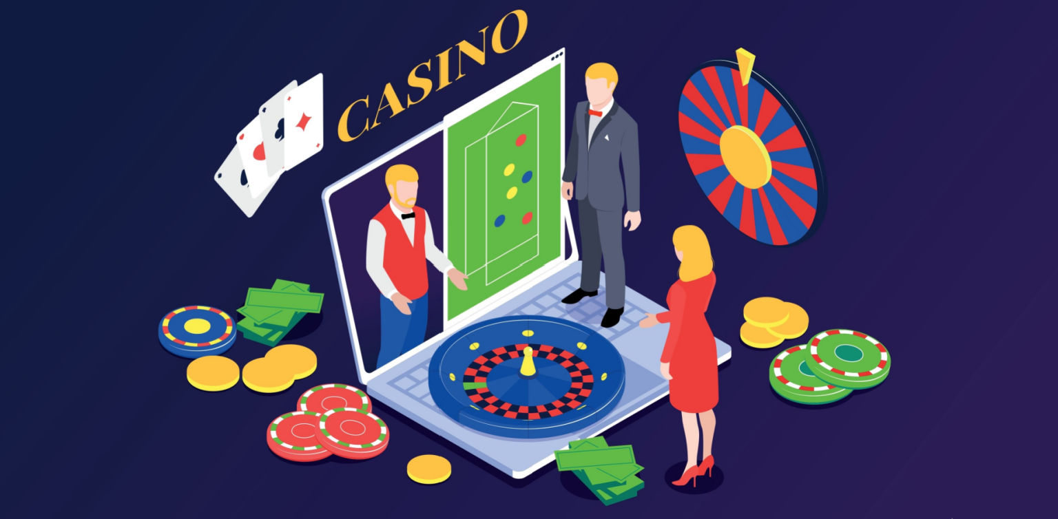 A 2D illustration of a laptop, a croupier in the screen, roulette wheel on the keyboard, cards and chips on a blue background