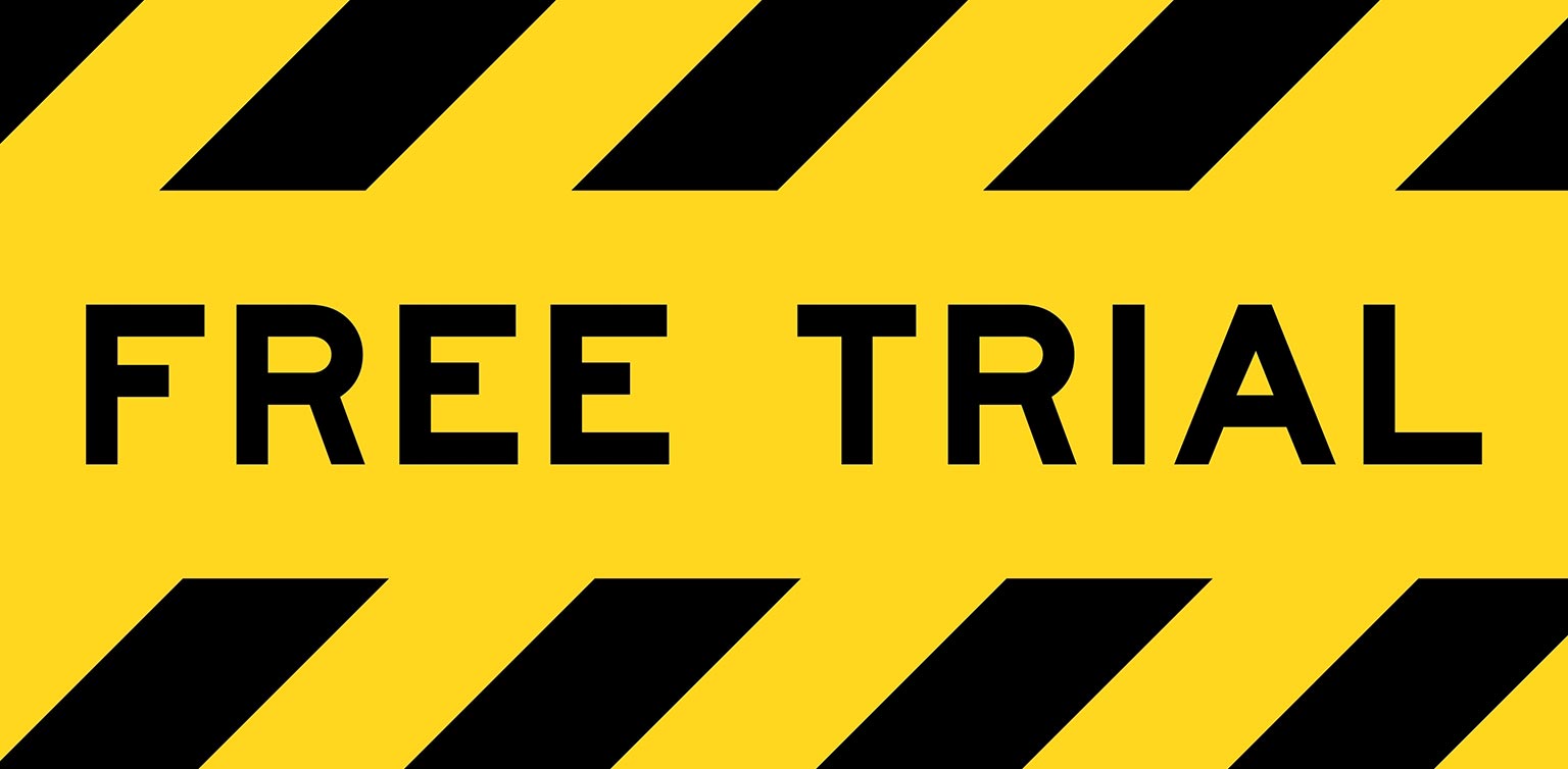 A yellow and black color illustration with line striped label banner with word free trial