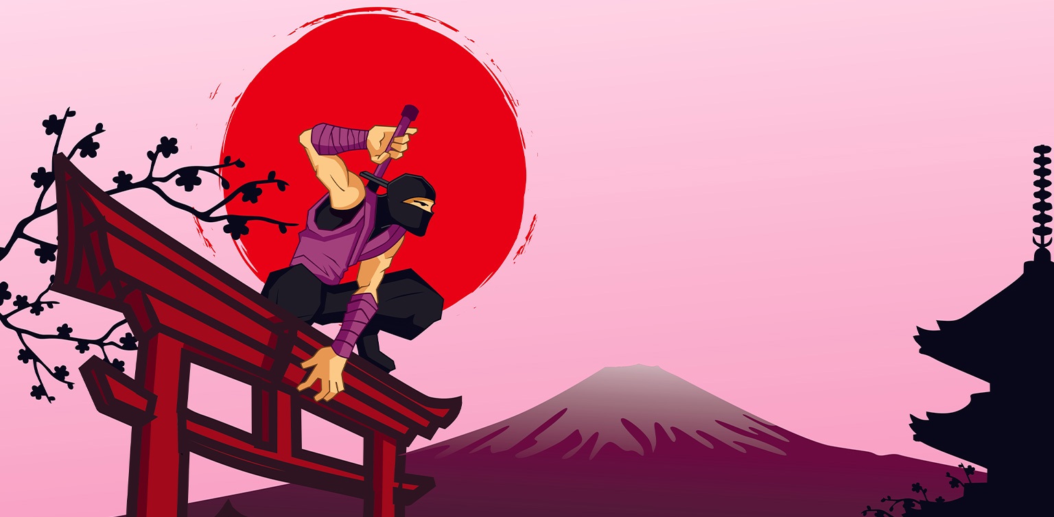 An illustration of a ninja perched on top of a parapet drawing his Katanga with mount Fuji and the sun in the background