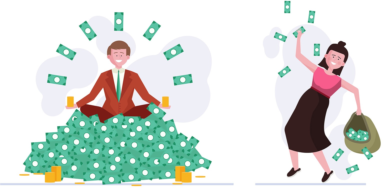 An image featuring a burlap bag with a heap of one hundred dollar bills spilling out of it, isolated on white