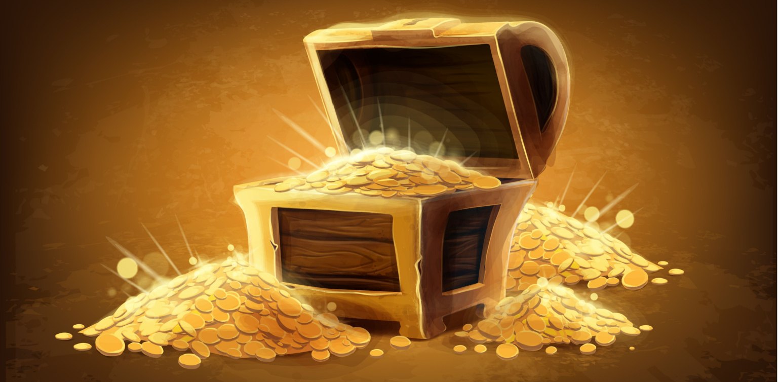 An open wooden treasure chest filled with gold coins on a bright golden brown background