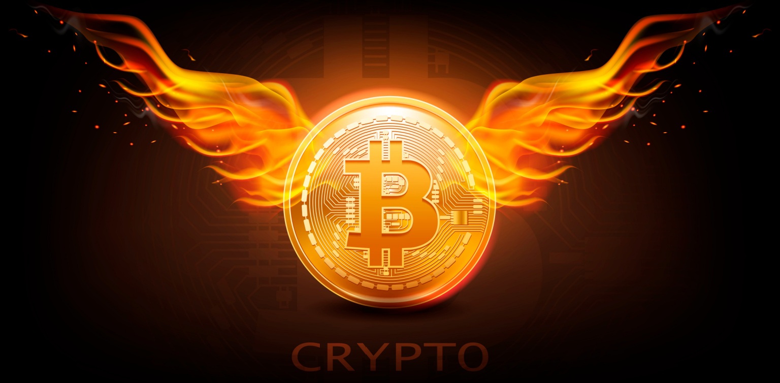 An image of a bitcoin with wings of fire on a dark background