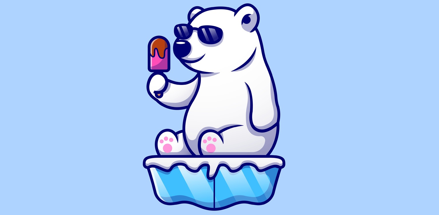 A cartoon-style illustration of polar bear cub sitting on an ice cube with sunglasses holding an ice lolly on a blue background