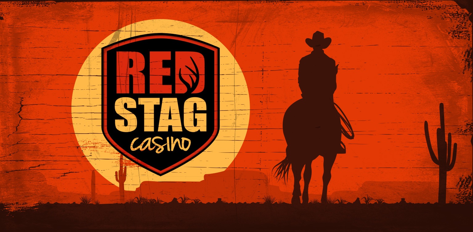 Red Stag logo on a red wooden background with a cactus and a cowboy on the sides of the logo
