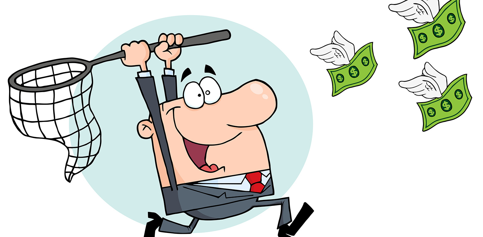 A cartoon-style illustration of a man in suit chasing a winged dollar bills on a white and light blue background