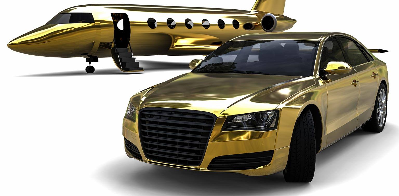 An image of a gold plated private jet and Bentley sports car isolated on a white background