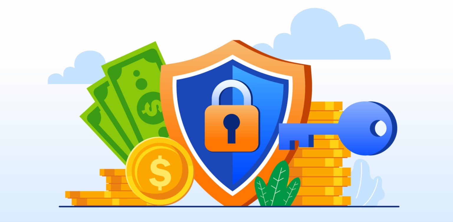 An illustration of a security icon with a lock and key and dollar bills and coins on a light blue background