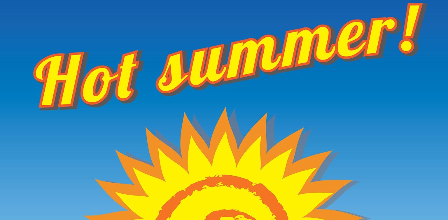 An illustration of the words ‘hot summer’ in yellow with a bright sun on a blue background