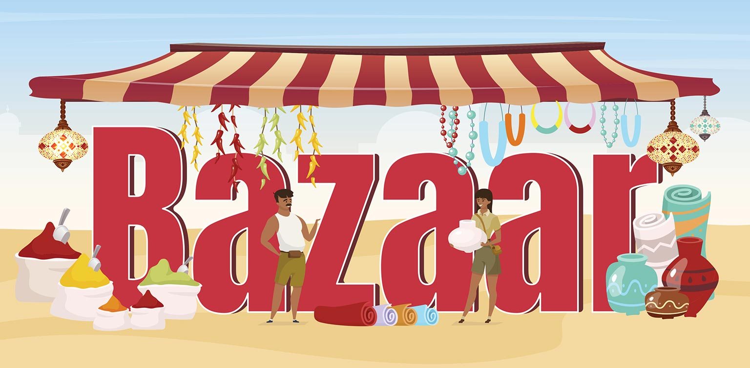 A colorful illustration of the word BAZAAR in red letters with a red and white awning over it, with people, spices, carpets
