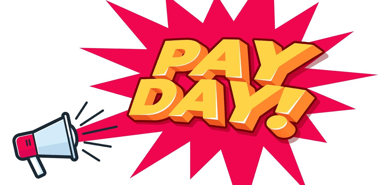 A megaphone with the word 'payday' in big yellow letters in a red announcement on a white background