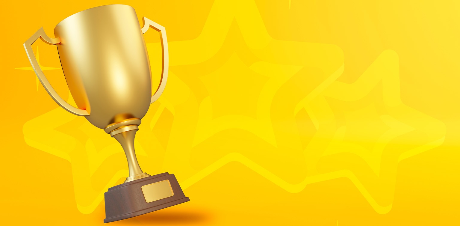 An illustration of a golden trophy on a wooden stand with a plaque against a yellow background