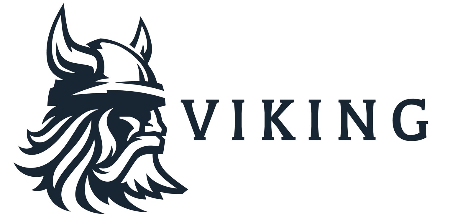 logo-style drawing of a Viking with the word Viking under it on a white background