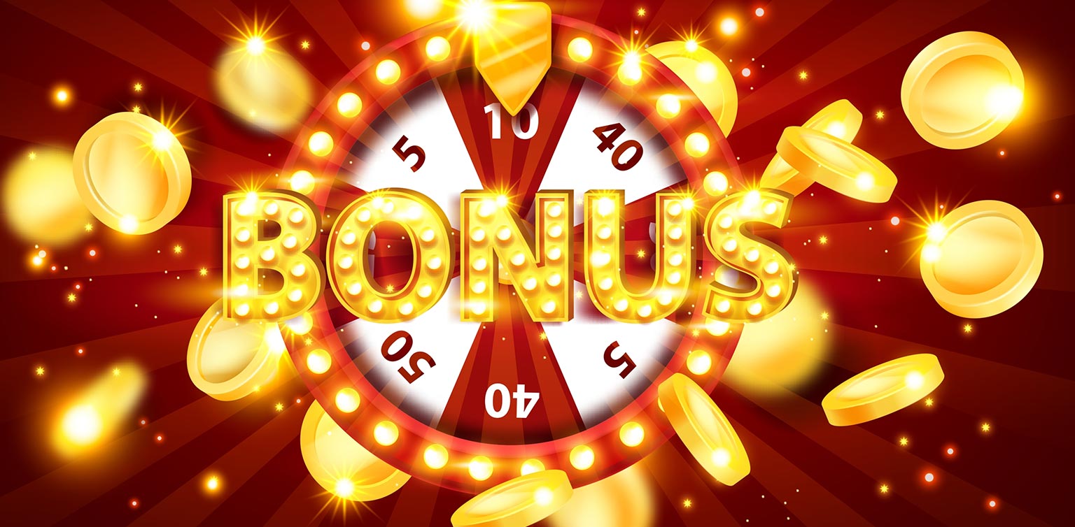 An illustration of a bonus wheel with a gold indicator on the top segment and the word Bonus in lights on a red background