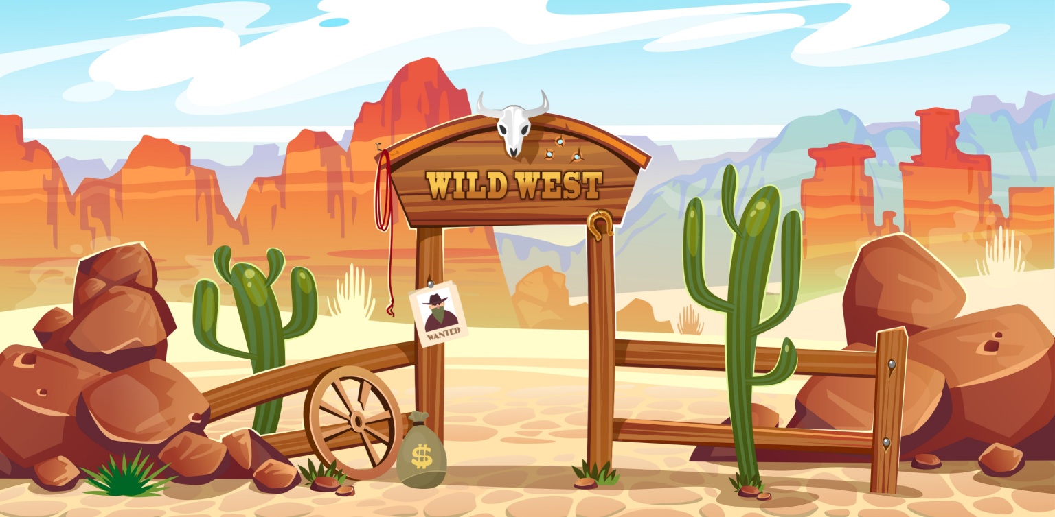 A cartoon-style image of the entrance of a ‘Wild West’ ranch with cacti and mountains