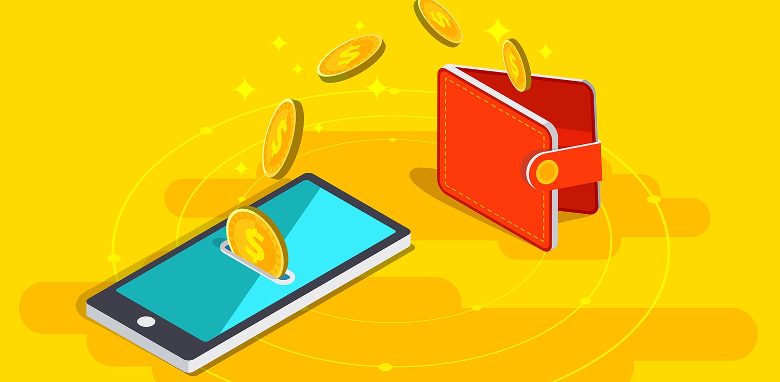 An illustration of gold dollar coins being transferred from a mobile phone to a partially open wallet on a yellow background 